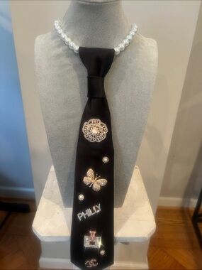 Black Embellished Satin Necktie Necklace with Pearl Strand